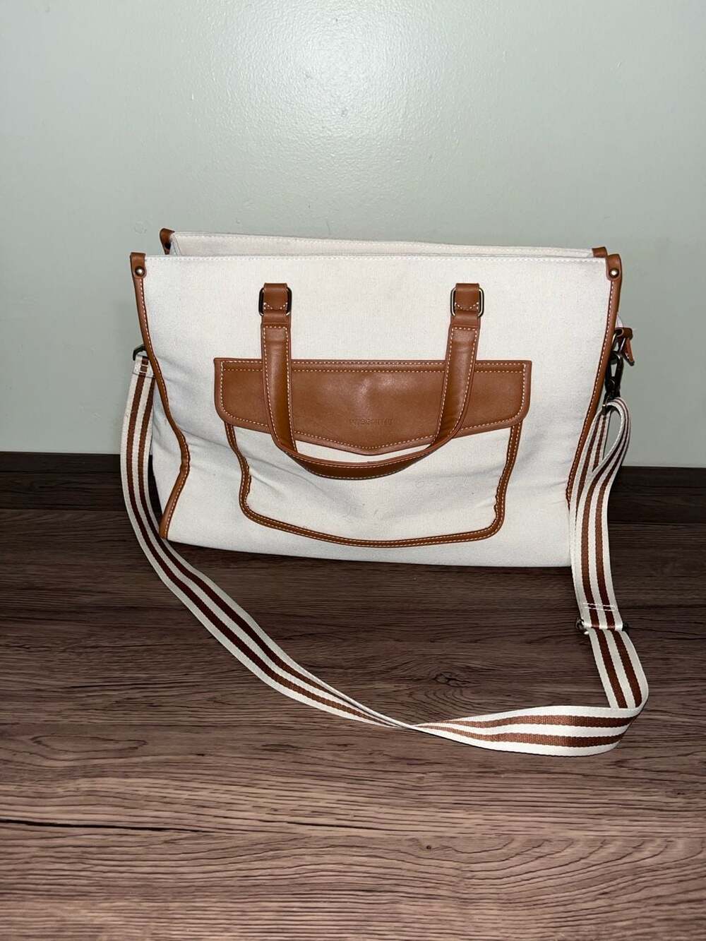 Missnine Canvas Laptop Tote Bag 15.6 inch with Brown Vegan Leather Trim